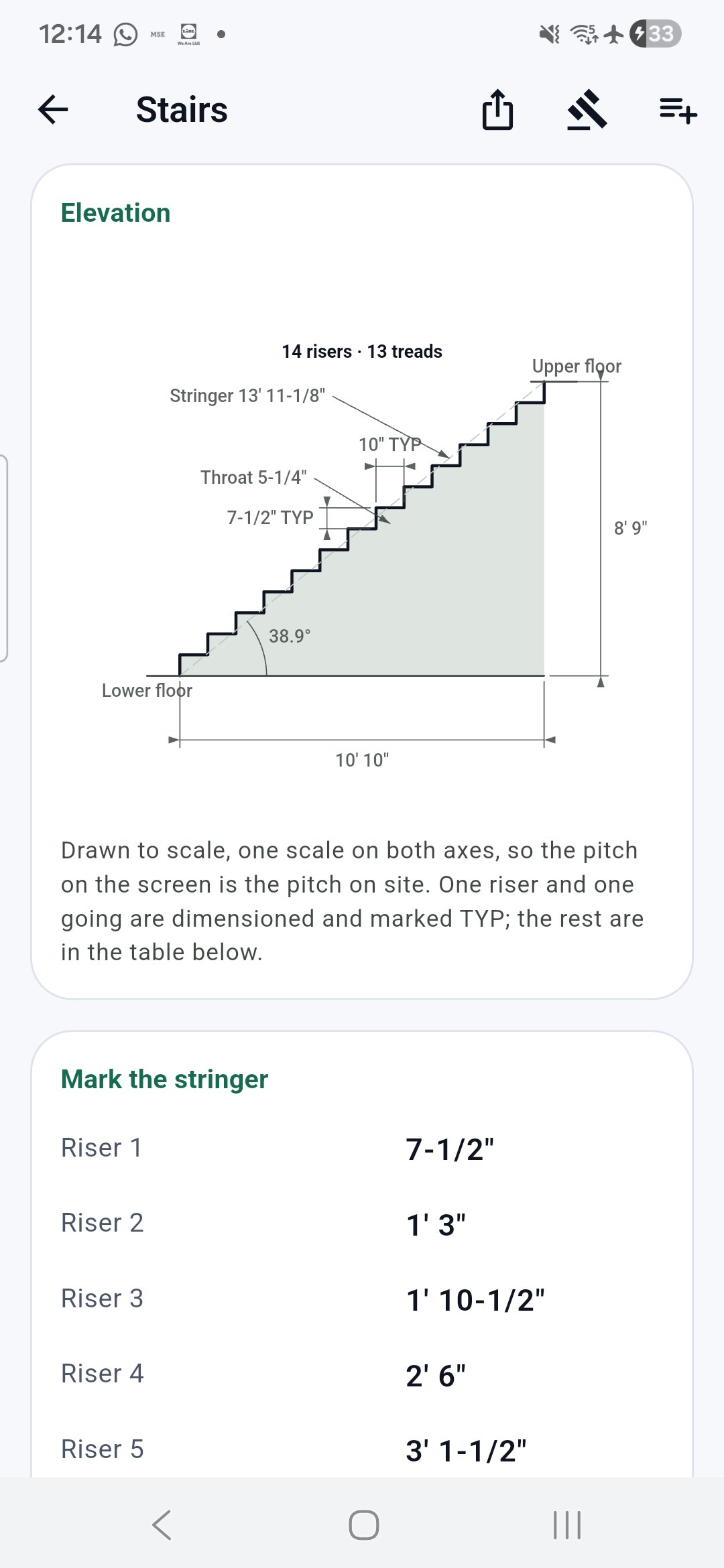 Stairs drawn to scale, stringer marked